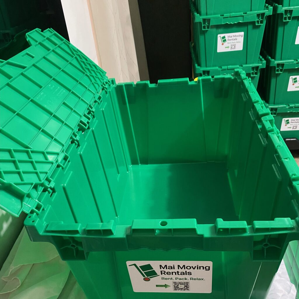 Open reusable condo moving box from Mai Moving Rentals in a Toronto apartment/condo