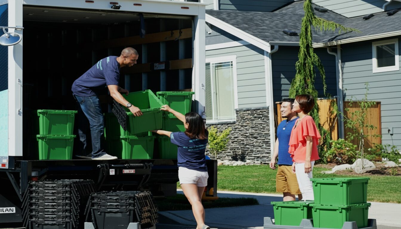 Mai Moving Rentals team picking up reusable moving boxes from customers after they have finished unpacking in their new home.